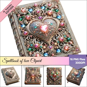 Magical Love Spellbook Clipart - Enchanted Amour Tome, Ornate Heart Design, Sparkling Jewels, Soft Glow - Cadeau unique pour la Saint-Valentin