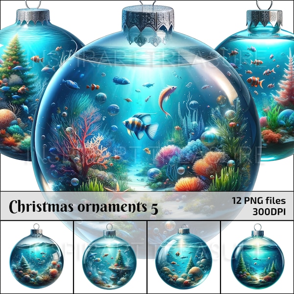 Mystical Ocean Christmas Ornament Clipart, Realistic Crystal Ball with Marine Life, Festive Underwater World Decoration, Perfect Sea Gift