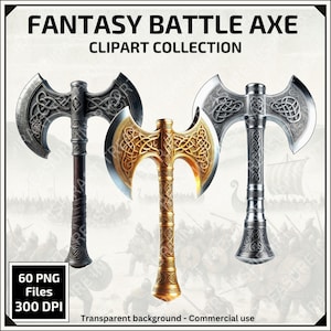 Colección de imágenes prediseñadas de hachas de batalla de fantasía, hacha bárbara, hacha de guerra vikinga, hacha celta, paquete de armas de inspiración medieval para manualidades de bricolaje