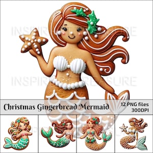 Clipart sirène en pain d’épice de Noël, fille en pain d’épice, décorations inspirées de la mer, parfaites pour les décorations de Noël ou la fabrication de cartes