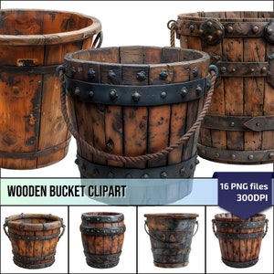 Clipart di secchio di legno, secchio da giardino, arredamento rustico da giardino, ideale per progetti fai da te e scrapbooking, regali di giardinaggio unici, uso commerciale