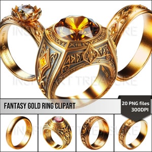 Ensemble de cliparts fantaisie bague en or, bague magique Clipart PNG bague en or Simple pierre gemme gravée bague Clipart pour carnets magiques, fabrication de cartes
