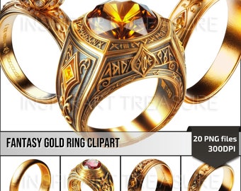Zestaw klipartów Fantasy Gold Ring, Magic Ring Clipart PNG Złoty pierścień Prosty grawerowany pierścionek z kamieniem szlachetnym Clipart do dzienników Magic Junk, tworzenie kartek