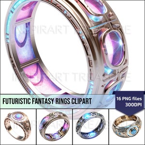 Clipart bague futuriste, bundle anneaux fantaisie clip art, Clipart bague magique, album numérique, page de journal magique indésirable, fabrication de cartes