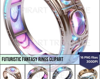 Futurystyczny pierścień clipart, Pakiet klipów fantasy rings, Magic Ring Clipart, Cyfrowy album, Magic Junk Journal Page, Tworzenie kartek