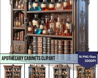 Clipart de gabinete de boticario de poción mágica, kit de brujería, papel de álbum de recortes, imprimible místico, suministro de artesanías de bricolaje