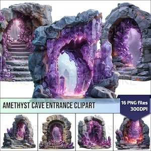 May include: A digital clipart set of 16 images featuring a stone cave entrance with a glowing amethyst crystal archway. The images are 300 DPI and are perfect for fantasy or magical themed projects.