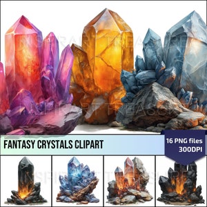Könnte beinhalten: Vier Fantasy-Kristallgruppen, jede in einer anderen Farbe: lila, orange, blau und rot. Die Kristalle liegen auf einem Bett aus grauen Felsen. Die Kristalle leuchten und haben eine magische Ausstrahlung. 16 PNG-Dateien 300DPI