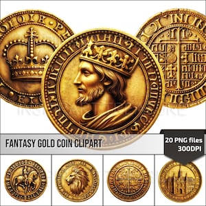 Clipart de pièces d'or fantastiques, pièces d'or du MDN PNG art fantastique monnaie, idéal pour la conception de jeux de cartes fantastiques, cadeaux de collectionneurs de pièces de monnaie antiques