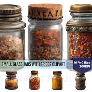 Clipart de pots à épices en verre, petits pots en verre avec couvercles, clipart de bouteilles en verre, idéal pour les projets artistiques DIY et la décoration de cuisine, usage commercial