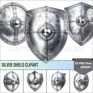 Imágenes prediseñadas de escudo de plata, escudo de caballero de plata medieval PNG para proyectos de bricolaje, escudo listo para la batalla, regalos de mazmorras y dragones, uso comercial