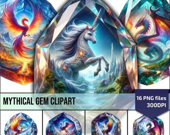 Mythical Creatures Clipart, Crystal Gemstones PNG, Enchanting Fantasy Scrapbook Kit, Printable Journal Decor, Unique Gift for Creatives