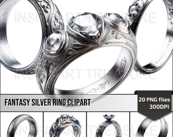 Zestaw klipartów Fantasy Silver Ring, Magic Ring Clipart PNG Prosty pierścień Grawerowany pierścień z kamieniem szlachetnym, Magic Junk Journal Page, Tworzenie kartek