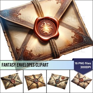 Può includere: Un set di 16 immagini clipart digitali di buste fantasy con disegni intricati e sigilli di cera. Le buste sono in varie tonalità di marrone, oro e rosso, con un'estetica vintage.