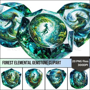 Clipart de pierres précieuses élémentaires de la forêt, esprit de la forêt, pierres précieuses en cristal PNG Kit de scrapbooking fantastique, art de la terre mère, cadeau unique pour les créations