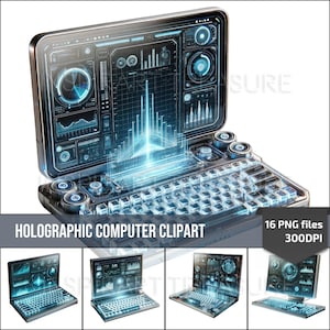 May include: A holographic computer with a transparent keyboard and a blue screen displaying various data and graphs. The computer is open and the screen is tilted up. The image includes 16 PNG files at 300 DPI.