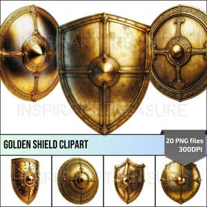 Puede incluir: Un conjunto de cinco escudos de color dorado con diseños intrincados. Los escudos están aislados sobre un fondo blanco. Los escudos son perfectos para agregar un toque medieval o de fantasía a tus diseños.