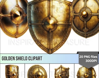 Gold Shield Clipart, Golden Knight Shield PNG for DIY Projects, Medieval Battle ready Shield, Dungeons and Dragons gifts, Commercial use