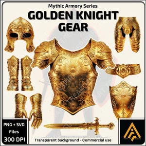 Set di armature da cavaliere d'oro SVG PNG Set di armature a piastre complete Set di clipart di equipaggiamento fantasy per progetti fai da te Regali perfetti per gli appassionati di cavalieri