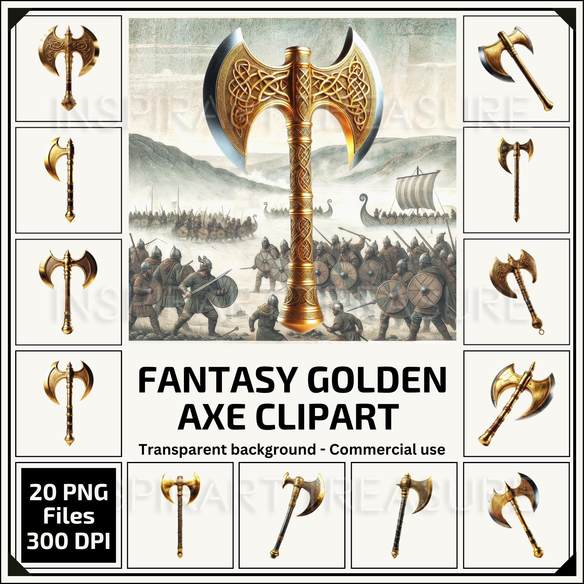 Fantasy Gold Battle Axe Clipart Celtic Viking Medieval Axe Design