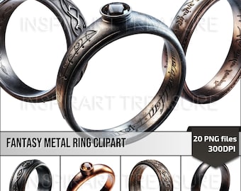 Zestaw klipartów Fantasy Metal Ring, Magic Ring Clipart PNG Prosty pierścień z żelaznego miedziaka, grawerowany pierścień z kamieniem szlachetnym, strona dziennika Magic Junk, tworzenie kartek