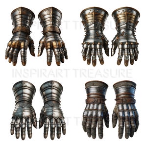 Op de afbeelding: Vier paar zilveren en gouden metalen handschoenen met ingewikkelde ontwerpen. De handschoenen zijn gemaakt van metalen platen en hebben een middeleeuwse uitstraling.
