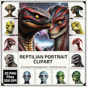 Könnte beinhalten: Ein digitales Clipart-Set mit 20 Reptilienporträts mit transparentem Hintergrund. Das Set enthält verschiedene Reptiliengesichter mit unterschiedlichen Farben und Mustern, darunter Grün, Rot und Blau. Das Clipart hat eine Auflösung von 300 DPI und ist für kommerzielle Zwecke geeignet.