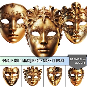 Gold Maskerade Maske Clipart PNG Karneval Masken für Frau, Ideal für DIY-Projekte oder Karneval Dekoration Perfektes Geschenk für Karneval-Liebhaber