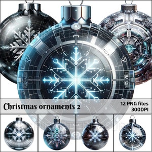 May include: A collection of futuristic Christmas ornaments with a snowflake design. The ornaments are silver and blue with a technological circuit board design. The text "Christmas ornaments 2" is visible at the bottom of the image.