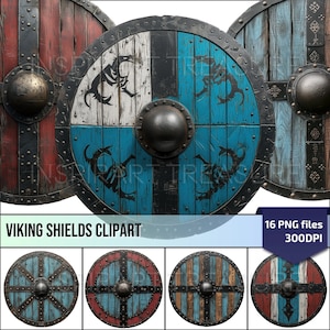 Viking Shields Clipart, Medieval Wooden Round Shield PNG for DIY Projects, Battle ready Shield, Norse Mythology Art, Commercial use
