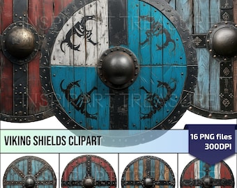 Viking Shields Clipart, Medieval Wooden Round Shield PNG for DIY Projects, Battle ready Shield, Norse Mythology Art, Commercial use