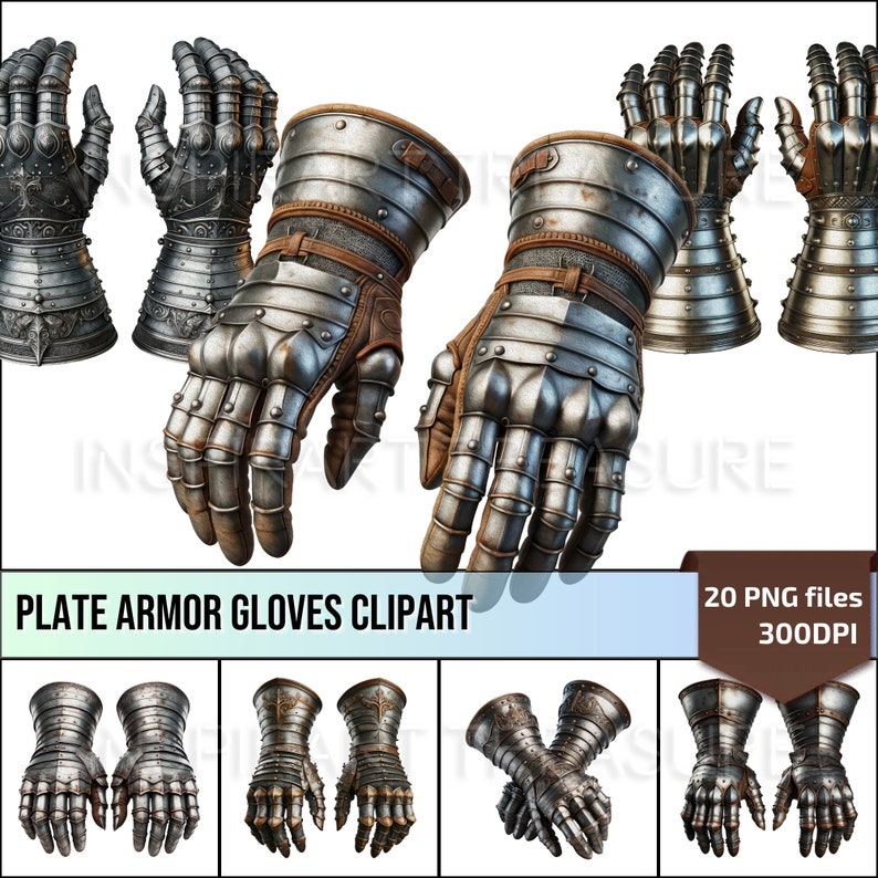 Op de afbeelding: Een set van 20 digitale clipart-afbeeldingen van zilveren plaatpantserhandschoenen. De handschoenen zijn gedetailleerd met klinknagels en hebben een leren manchet. De afbeeldingen zijn 300 DPI.
