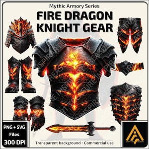 Set di armature per cavalieri del drago di fuoco SVG PNG Set di armature complete Set di equipaggiamenti fantasy per battaglie epiche per progetti fai da te Regalo perfetto per gli amanti del fantasy