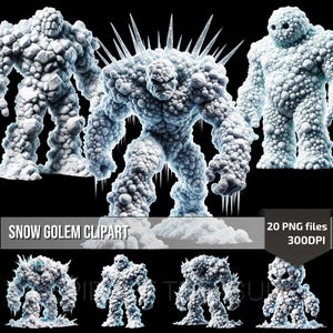 May include: A set of 20 digital clipart images of snow golems in various poses. The golems are made of snow and ice, and have a variety of expressions. The images are 300 DPI and are perfect for use in digital projects.