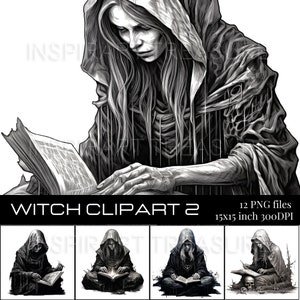 Mystical Witchcraft Scrapbook Paper, Witch Reading Spell Book Clipart, Digital Journal Page, DIY Craft Supply