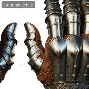 Op de afbeelding: Close-up van een zilveren metalen handschoen met bruine lederen accenten. De handschoen heeft meerdere gepantserde delen, elk met klinknagels en een getextureerd oppervlak.