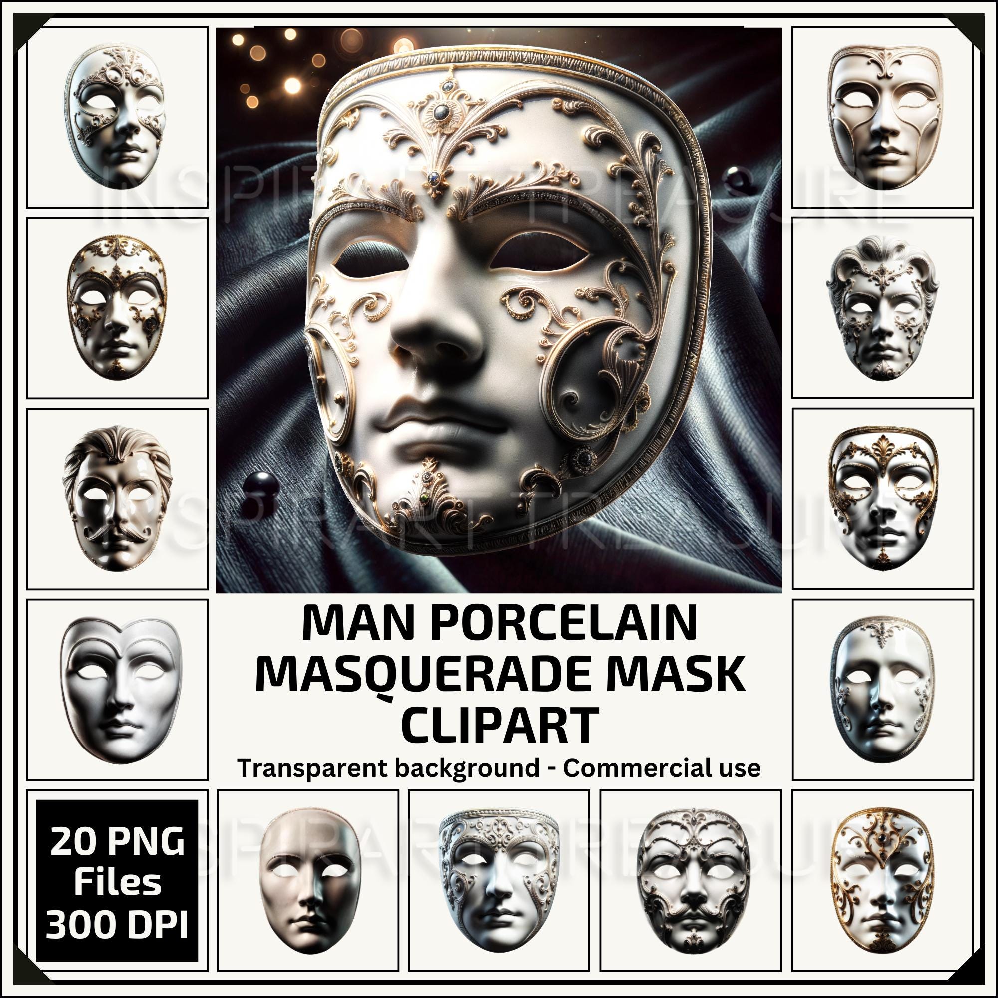 Porcelain Masquerade Man Mask Clipart PNG Printable Carnival