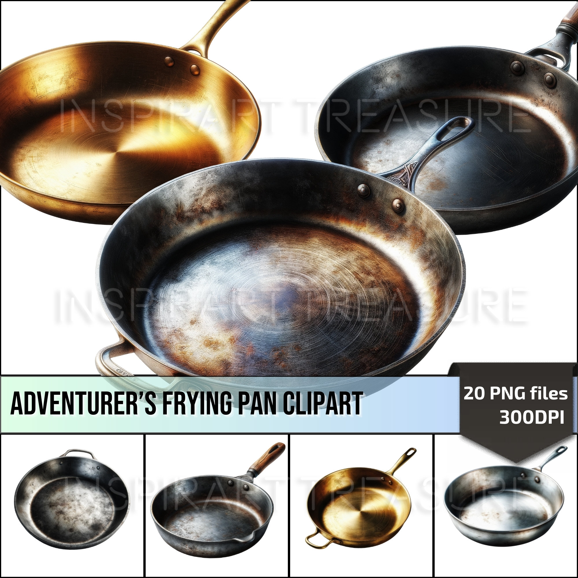Vintage Frying Pan Clipart, Old Kitchen Pan PNG Kit, Perfect for Dnd
