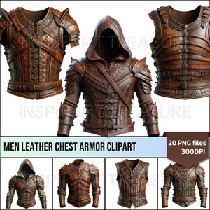 Könnte beinhalten: Eine Sammlung von braunen Leder-Brustpanzer-Clipart. Die Rüstungsteile umfassen Westen, Kapuzenjacken und komplette Brustteile mit komplizierten Details, Schnallen und Riemen. Der Text "MEN LEATHER CHEST ARMOR CLIPART" wird angezeigt.