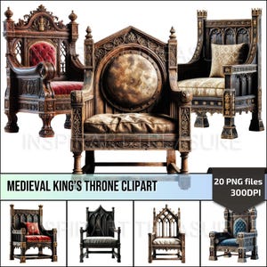 Clipart trône en bois empereur, chaise du trône du roi médiéval PNG, clipart thème Royal pour projets de bricolage, cadeaux pour amateurs médiévaux, usage Commercial
