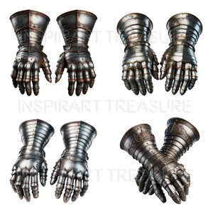 Op de afbeelding: Vier paar zilveren en bruine metalen handschoenen met ingewikkelde ontwerpen. De handschoenen zijn gemaakt van metalen platen en hebben een middeleeuwse uitstraling.