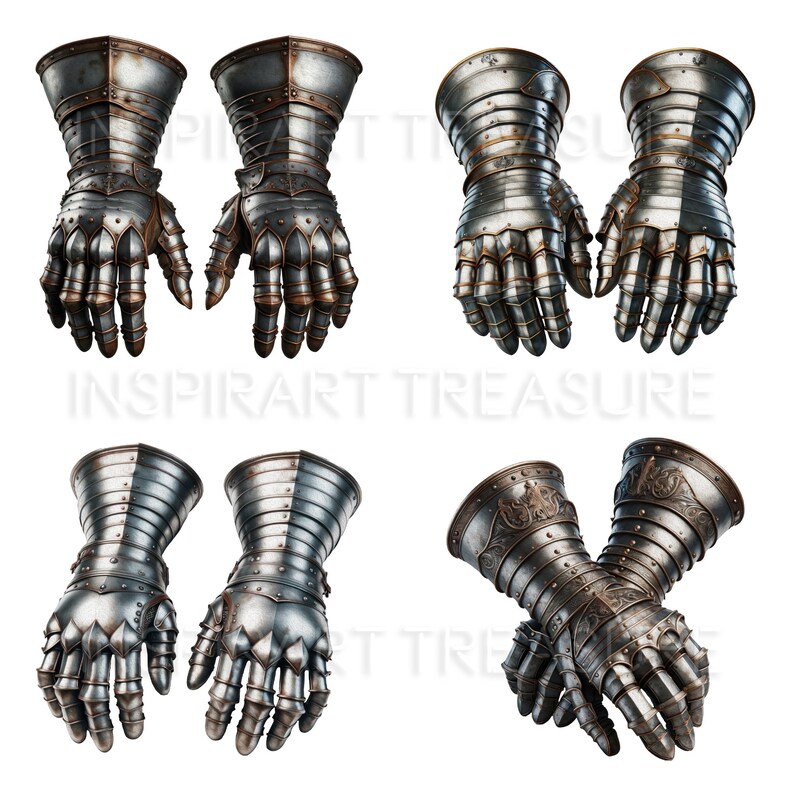 Op de afbeelding: Vier paar zilveren en bruine metalen handschoenen met ingewikkelde ontwerpen. De handschoenen zijn gemaakt van metalen platen en hebben een middeleeuwse uitstraling.