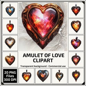 May include: A set of 20 digital clipart images of ornate heart-shaped amulets with glowing, colorful interiors. The amulets are perfect for adding a touch of magic and romance to your designs.