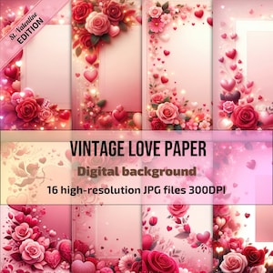 Tarjeta personalizable del Día de San Valentín Documentos de fondo de amor, Corazones de amor personalizados, Kit de páginas de diario basura, Fabricación de tarjetas, Scrapbooking