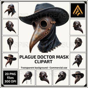 May include: A set of 20 digital clipart images of a plague doctor mask with a long beak and a hat. The mask is made of metal and has a brown and black color scheme. The images are transparent and have a 300 DPI resolution.