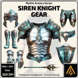 Sirene Ritter Rüstung Set Ritter SVG PNG Volle Platten Rüstung Set Fantasy Zahnrad Clipart Set für DIY-Projekte Perfekte Geschenke für Ritter-Enthusiasten