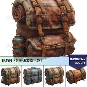 Peut inclure: Un sac à dos de voyage en cuir marron avec de nombreuses sangles et boucles. Le sac à dos a un aspect usé et vieilli, ce qui lui donne un style vintage. Le sac à dos est parfait pour les aventuriers et les voyageurs qui recherchent un sac durable et élégant.