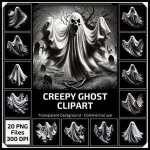 Griezelige Halloween-spook-clipart, spookgezichtsvel PNG-kunst, Spooky Phantom Ghost-print, ideaal voor Halloween-cadeaus, uniek horrorliefhebbercadeau
