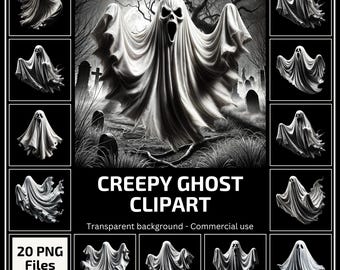 May include: A set of 20 digital clipart images of creepy ghosts in various poses. The ghosts are white and translucent, with a spooky, ethereal look. The images are perfect for Halloween projects, spooky decorations, and more.
