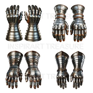 Op de afbeelding: Vier paar zilveren en bruine metalen handschoenen met vingerbescherming. De handschoenen zijn ontworpen om te lijken op middeleeuwse harnassen.